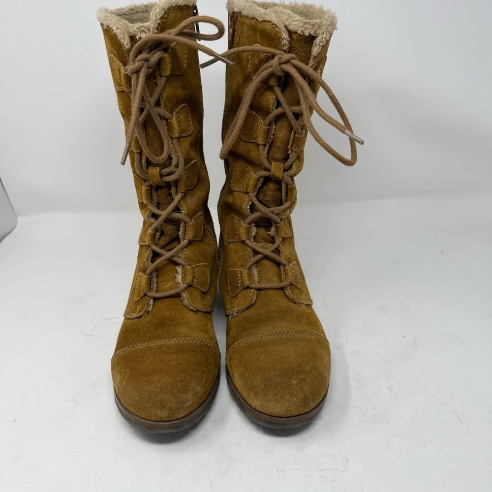 Vtg Baretraps Y2K Tan Genuine Suede Faux Fur Lining Wedge Boots Women’s US 8.5 M - Picture 2 of 15